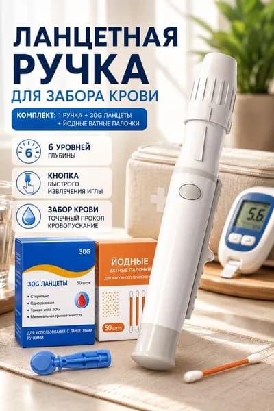 Ручка для забора крови 30G с ланцетами, набор для забора крови для глюкометра, универсальная ручка-прокалыватель с ланцетами, регулируемая глубина прокола, йодовые ватные палочки в комплекте