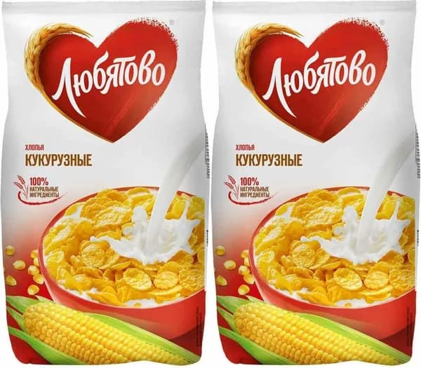 Сухой завтрак хлопья Любятово кукурузные, комплект: 2 упаковки по 300 г