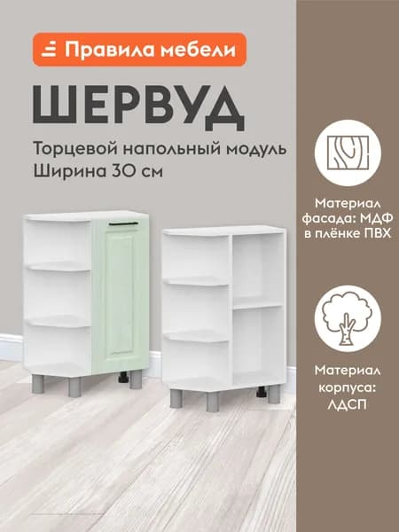 Кухонный модуль напольный, стол торцевой Шервуд с полками, с доводчиками, 30х54х82.4 см, Белый / Шато мята