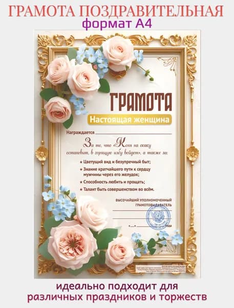 Грамота открытка в подарок "Настоящая женщина", А4