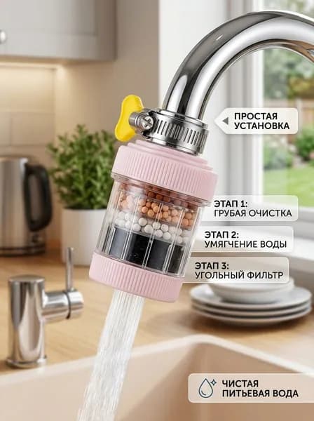 Фильтр для воды на кран насадка на смеситель универсальная против брызг многослойная съемная моющаяся розовая