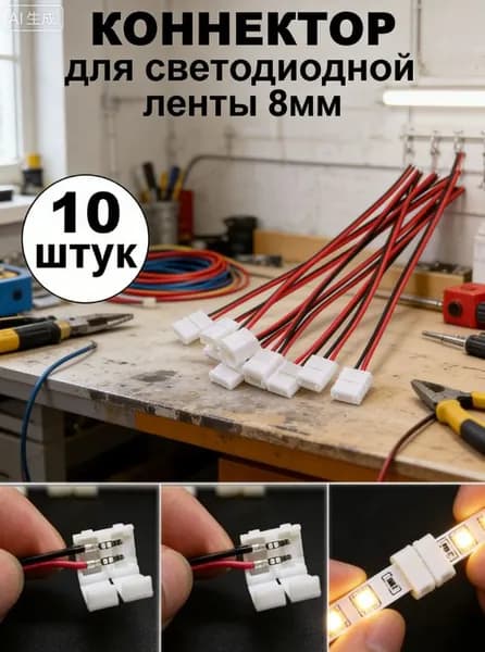 Коннектор для светодиодной ленты 8мм 10 шт, соединитель для светодиодной ленты 8мм односторонний 2х контактный