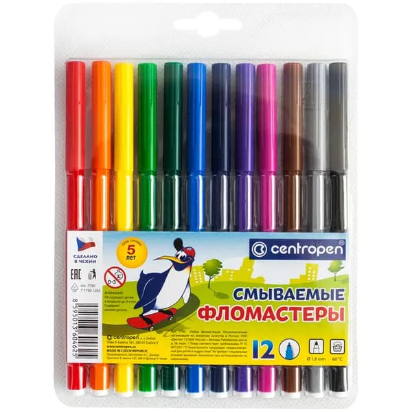 Фломастеры для рисования набор Centropen "Washable", 12 цветов, смываемые, блистер