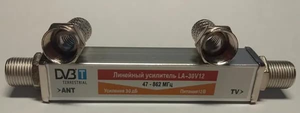 Антенный линейный врезной для коаксиального кабеля Zolan LA 30V12, (12 вольт 30Дб) 47-862МГц ПОДАРОК 2F разъёма ( для DVB-T2, Цифрового ТВ)