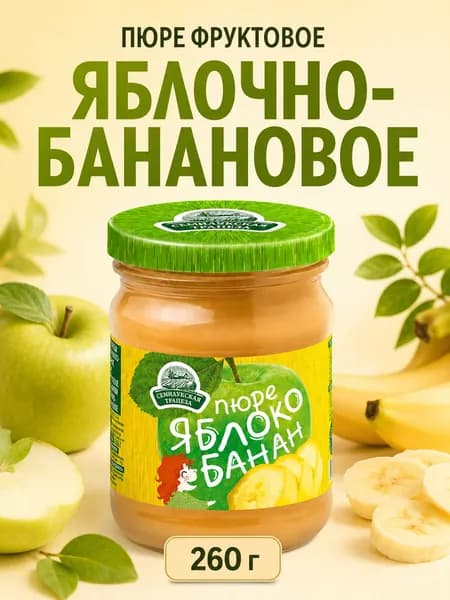 Пюре фруктовое Яблочно-банановое 260 грамм, 4 банки