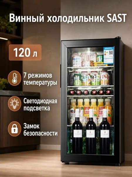 Винный шкаф SAST BC-120, 120 л, черный, с двойным остеклением и LED-подсветкой, 7-ступенчатое регулирование температуры