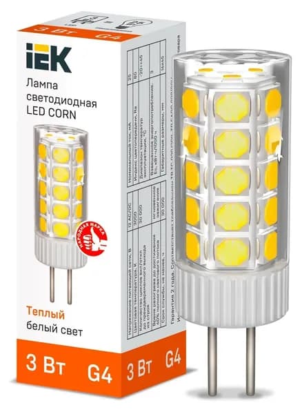 Лампочка светодиодная 12В G4 3Вт 285лм 3000К теплая IEK CORN (1шт)