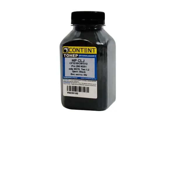 Тонер Content для HP CLJ CP1215/CM1312/Pro 200 M251/mfp M276, Тип 1.2, Bk, 55 г, банка, Черный (black)