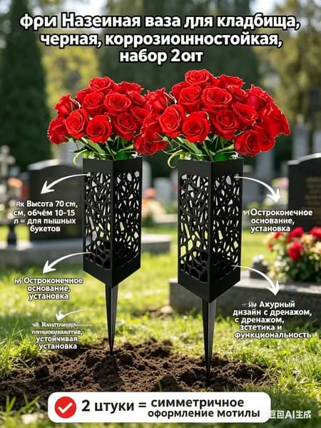 Ваза для кладбища 70 см, с наземным штырем - матовый чёрный, лазерная перфорация - для могил, памятников, поминовения, устойчивая, антикоррозийная, вместимость 10-15 цветов