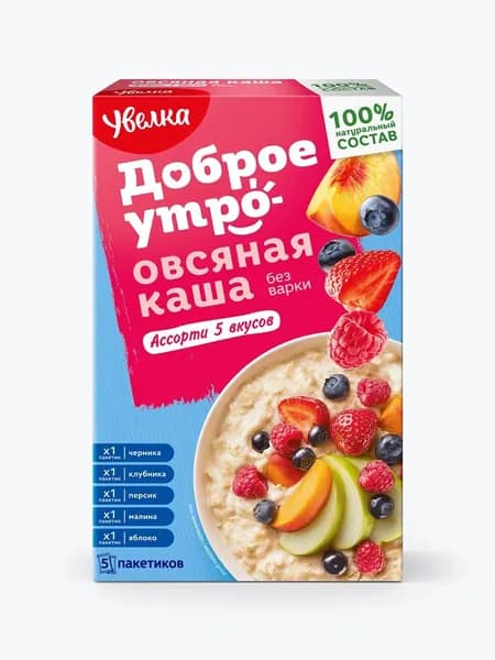Каша быстрого приготовления Увелка овсяная Ассорти из пяти вкусов, 5 пакетиков по 40 г, 200 г