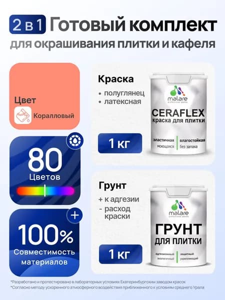 Комплект Malare LIPPO для окрашивания плитки и кафеля (1кг грунт + 1 кг краска), акриловый, без запаха, быстросохнущий, полуглянцевый, цвет коралловый