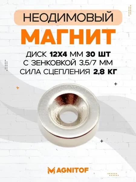 Неодимовый магнит 12x4 с зенковкой на 2,8 кг 30 шт