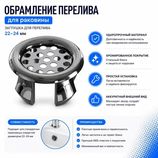 Обрамление перелива для раковины 22-24 мм хромированное, заглушка перелива для умывальника серебристая