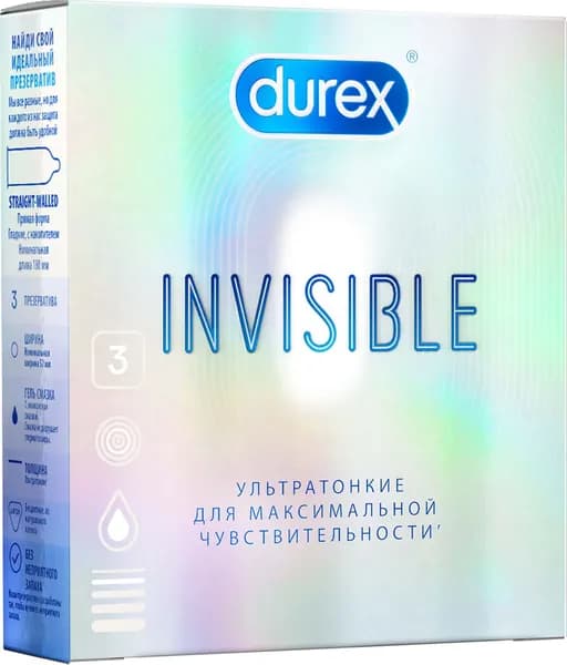 Презервативы Durex / Дюрекс Invisible ультратонкие для максимальной чувствительности из латекса с дополнительной смазкой 3шт.