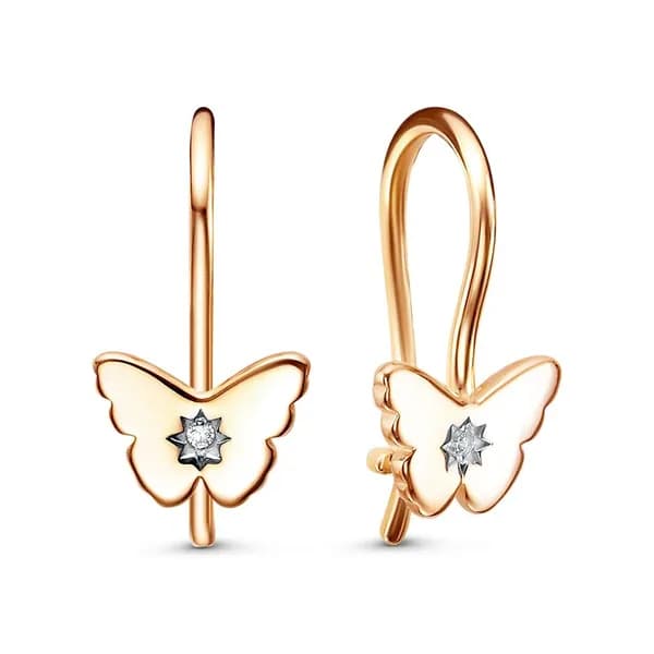 Серьги Бабочка детские с фианитами из красного золота 375 пробы 585GOLD
