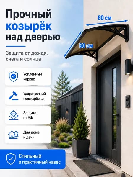 Навес-козырек над крыльцом усиленный, вынос 60 см, ширина 160/180/200/240/300 см, пластиковый, защита от осадков и снега