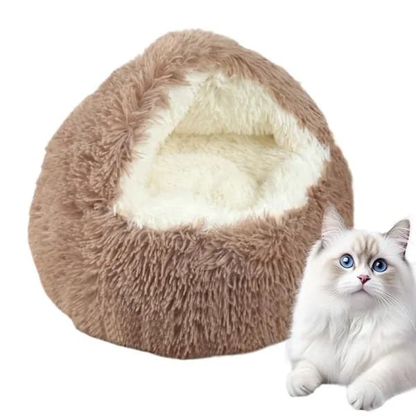 Лежанка для кошек и мелких собак "Ракушка", закрытый домик животных, теплый плюшевый коврик 40 см, светло-серый