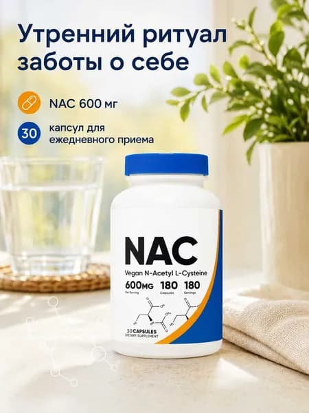 NAC 600 мг, N-ацетил-L-цистеин, пищевая добавка, 30 капсул