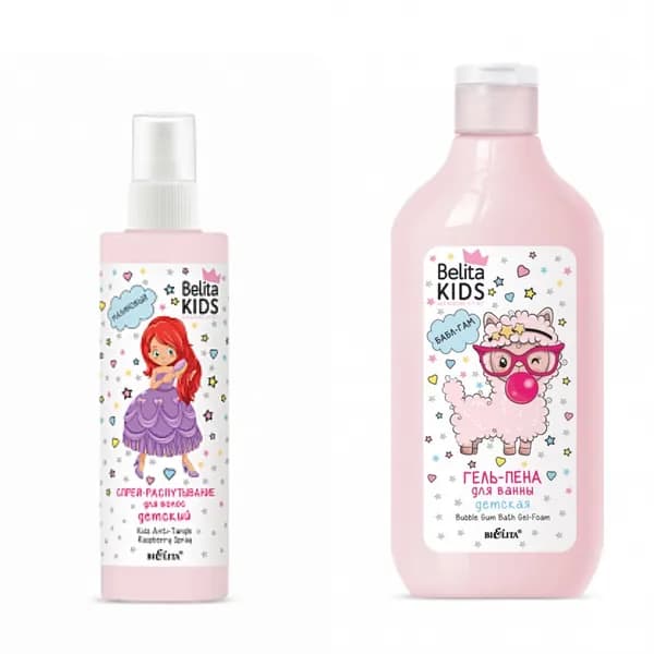 Набор детский Belita Kids: гель-пена для ванны Бабл-Гам и спрей-распутывание для волос со вкусом малины
