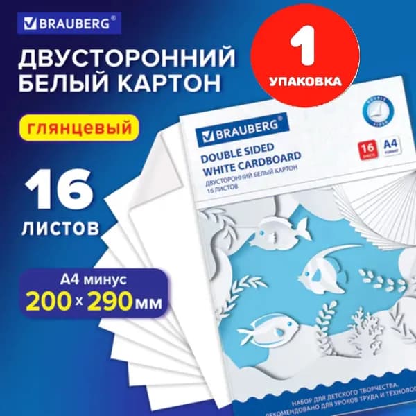 Картон белый А4 МЕЛОВАННЫЙ (белый оборот), 16 листов, в папке, 200х290 мм (1 упаковка)