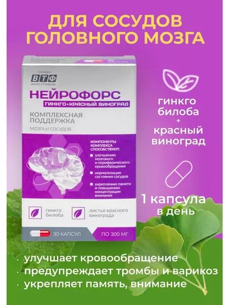 Нейрофорс Гинкго билоба + Красный виноград. Для улучшения состояния сосудов и работы мозга, памяти. Антиоксиданты. Ноотроп. 30 капс.