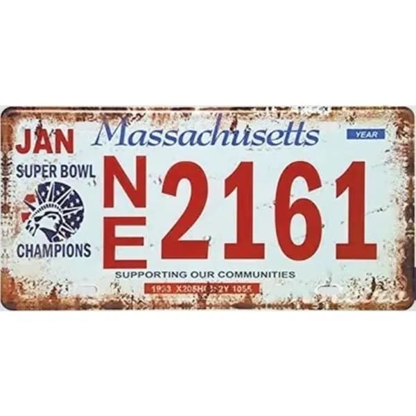 Табличка "Massachusetts NE 2161 Super Bowl Champions", ретро стиль, металл, декор для фанатов футбола, 15х30 см.