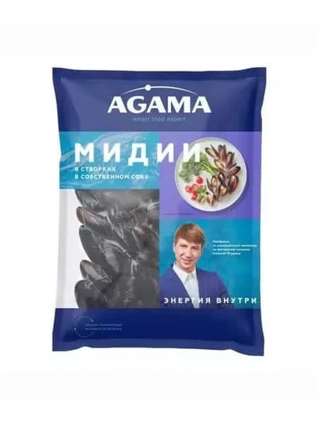 Мидии Agama в створках в собственном соку замороженные 450 г