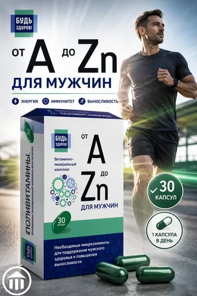 Будь Здоров! Витаминно-минеральный комплекс для мужчин от А до Zn 30 шт, капсулы мужские витамины для энергии, иммунитета и потенции