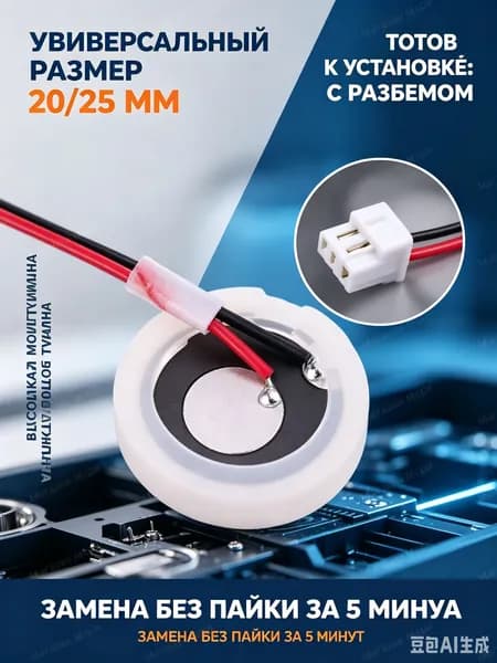 Мембрана для увлажнителя воздуха ультразвуковая 20 мм с уплотнителем 25 мм и разъемом, пьезоэлемент излучатель испаритель для ремонта, 1 шт.