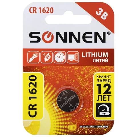Батарейка литиевая SONNEN Lithium CR1620 "таблетка, дисковая, кнопочная" 1 шт, блистер, 455599