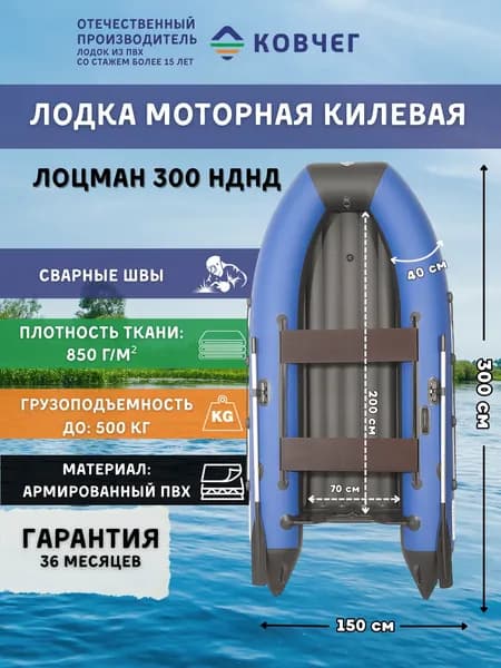 Лодка ПВХ под мотор с килем ЛОЦМАН 300 НДНД (синий/черный)