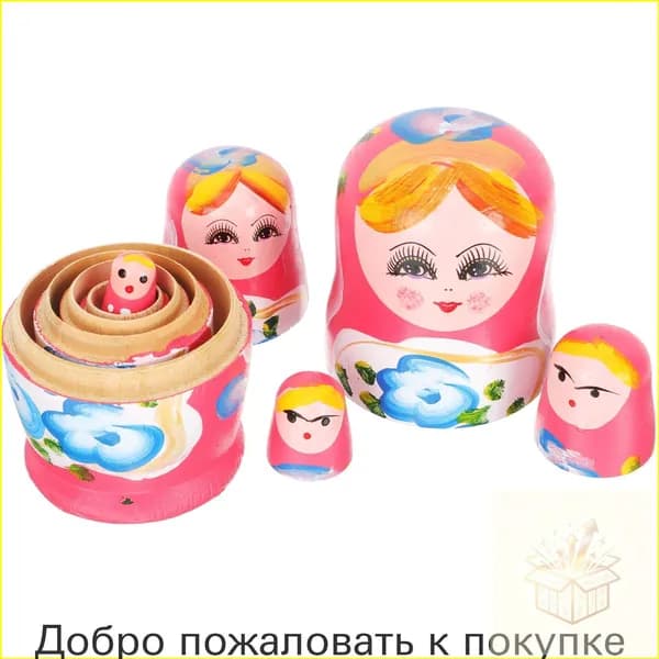 Матрёшки, Розовый, Деревянные, Ручная Роспись, 5 Штук