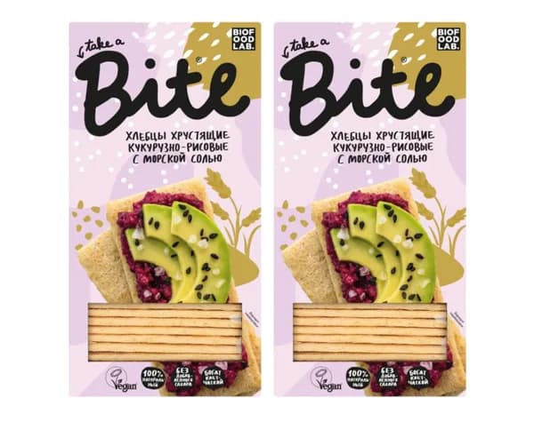Кукурузно-рисовые хлебцы с морской солью (без глютена), Bite, 2 уп по 150 г, Россия