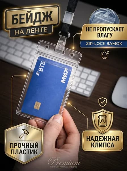Бейдж чехол прозрачный для пропуска на ленте