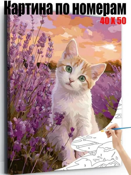 Картина по номерам 40x50 см, Котенок в лавандовом цвете, DIY своими руками, антистресс пейзаж, настенный декор для дома, подарок на любые праздники