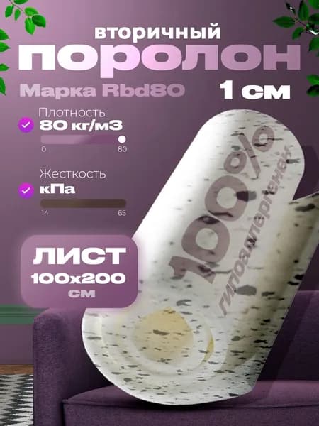 Мебельный поролон RBD 80 высотой 1 см, габариты листа 100x200 см: для диванов и матрасов, кресел и стульев