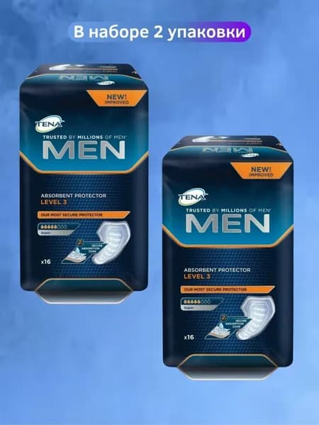 Набор урологических прокладок для мужчин Tena Men Level 3 Super, 5 капель, 800 мл, 2 упаковки, 32 штуки
