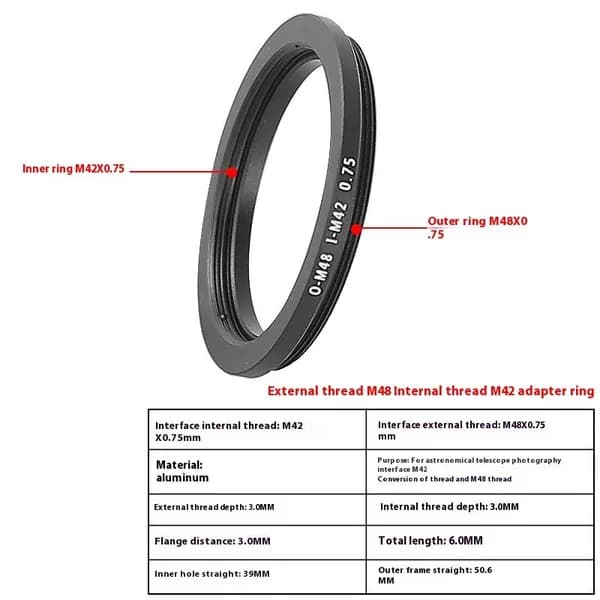 Angeleyes,adapter ring,Переходное кольцо для двустороннего преобразования внутренней и внешней резьбы SCT M48X0.75 M42X0.75