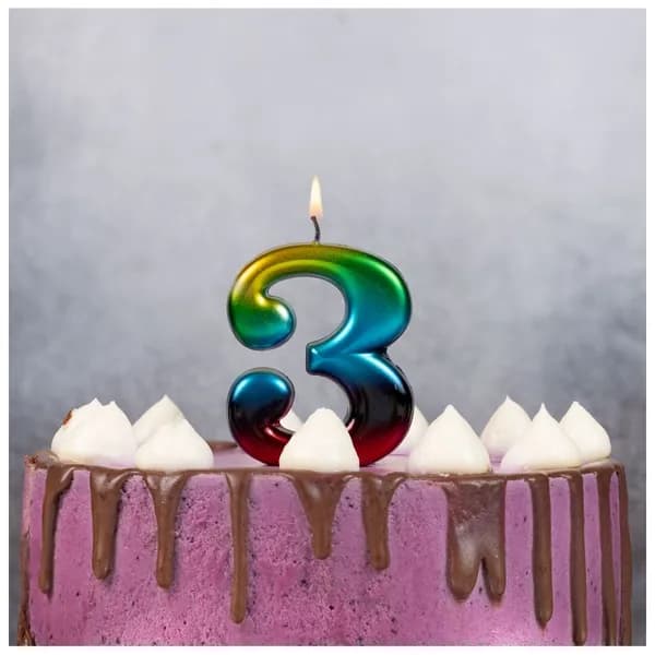 Свеча -цифра "3" Радуга металлик 8см