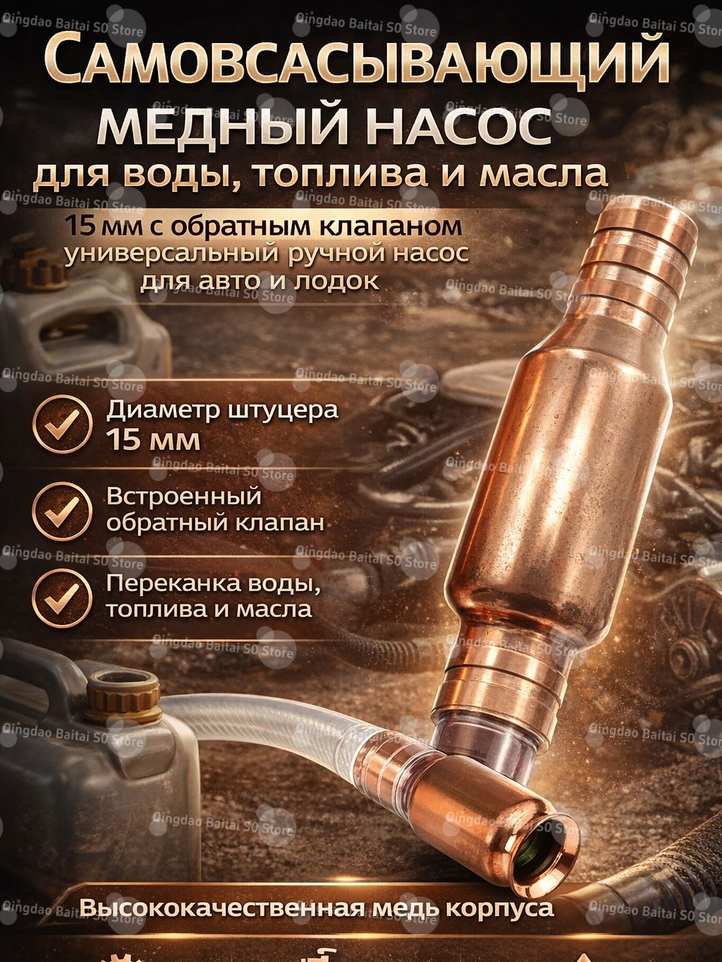 Самовсасывающий медный насос 15 мм с обратным клапаном, для воды, топлива и масла прочный промышленный насос
