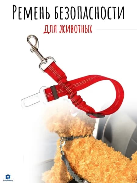 Ремень безопасности для собак в машину Красный/ Поводок автомобильный с креплением в замок безопасности