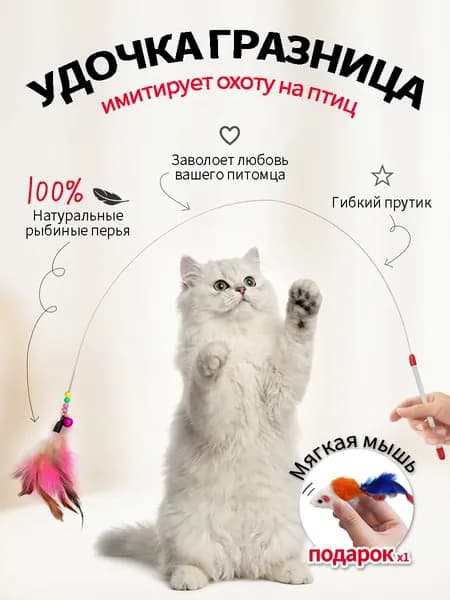 Игрушка для кошек /ДРАЗНИЛКА - удочка с перьями/Бесплатная игрушечная мышь