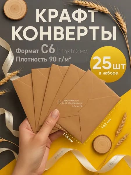 Крафтовые бумажные конверты С6 114х162мм 25шт.