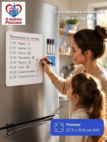 Магнитная стираемая доска для заметок на холодильник, 27,520,8 см (А4), в комплекте: 3 магнитных маркера + губка-стиратель