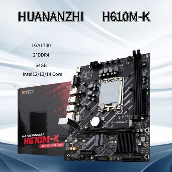 HUANANZHI H610M-K    2 слота для памяти DDR4  Поддерживает до 64 ГБ памяти.SATA III, LGA 1700, DDR4, Материнская плата