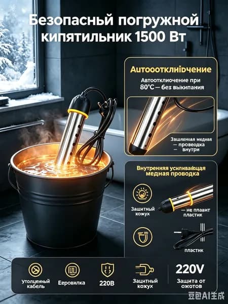 Водонагреватель погружной электрический, 1500 Вт-черный-кипятильник-с-автоотключением, для нагрева воды в ванне и ведре, безопасный нагреватель с защитным кожухом.