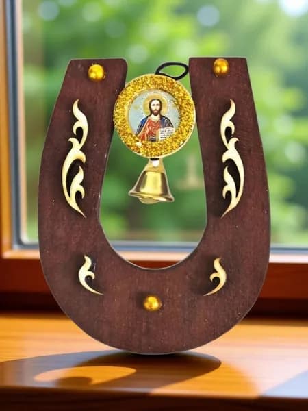 Подкова деревянная с иконой "Иисус Христос", 10 см.