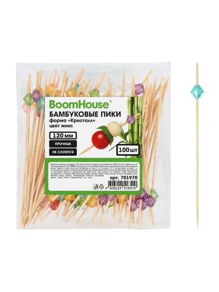 Шпажки для канапе бамбуковые, палочки деревянные для закусок, пика кристалл 12 см, набор 100 штук, BoomHouse