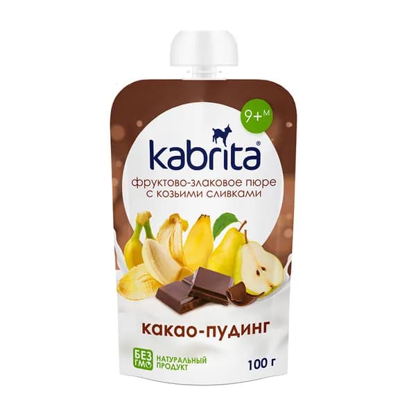 Пюре фруктово-злаковое с какао и козьими сливками (без сахара), Kabrita, 100 г, Эстония