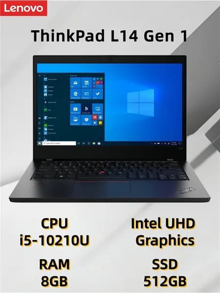 Lenovo Ноутбук 14", Intel Core i5-10210U, RAM 8 ГБ, SSD 512 ГБ, Intel Iris Plus Graphics, Windows Pro, черный, Английская раскладка